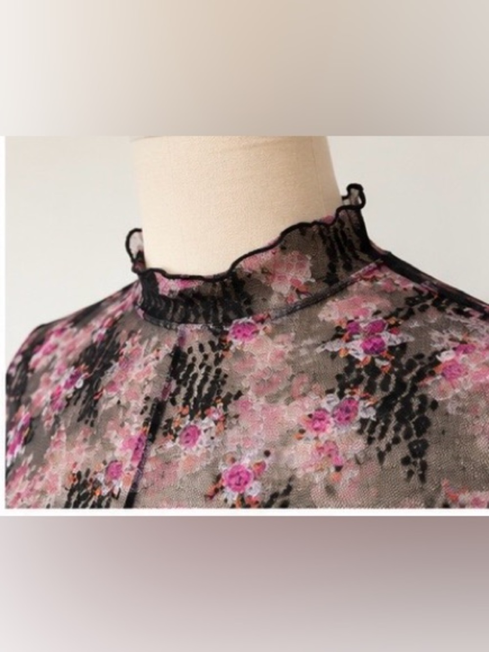 Intimately Free People Floral Mesh Mock Neck Sheer Top M Black Pink Long Sleeve - Picture 4 of 6